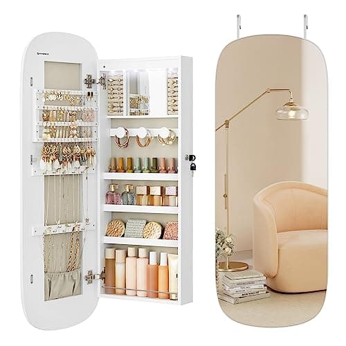 SONGMICS Jewelry Organizer, LED Jewelry Cabinet Wall/Door Mounted, Lockable Rounded Wide Mirror with Storage, Interior Mirror, 3.9 x 16.5 x 42.5 Inches, White Surface with Greige Lining - Image 1