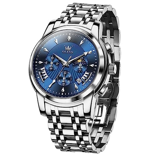 OLEVS Watches for Men Luxury Blue Face Mens Watch Classic Silver Stainless Steel Waterproof Big Face Men's Wrist Watches Unique Dress Quartz Chronograph Fashion Male Watch Relojes para Hombres - Image 1