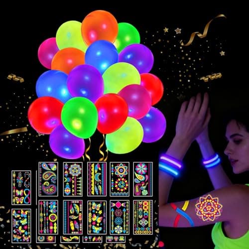 172 Pcs Temporary Tattoos - 100Pcs UV Neon Balloons for Adults Teens - Ideal for Neon Glow Party Decorations - Image 1