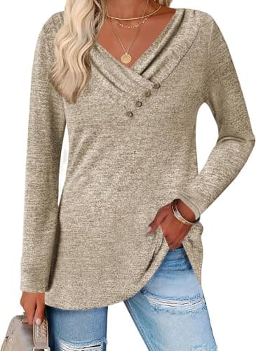 ALPSWARE Tunic Shirt Long Sleeve Basic Top V Neck Tunics Tshirt for Women 2025 Fall Khaki M - Image 1