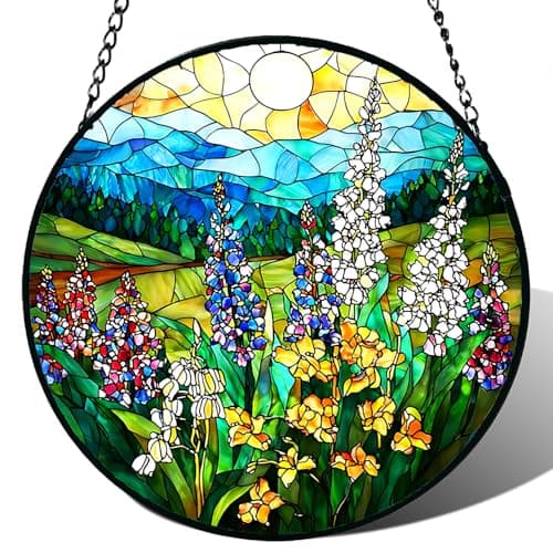 Stained Glass Window Hanging, Wildflowers Plant Scenery Suncatcher for Door Home Decor,Valley Sunrise Sun Catcher Ornament Mother's Day Birthday Gifts for Women Men Mom 6.3 in - Image 1