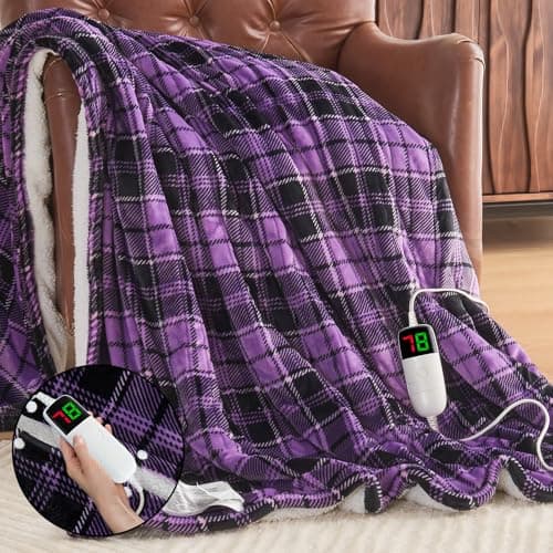 OCTROT Purple Heated Blanket Electric Throw, 50X60 Heating Throw with 10 Heating Levels & 8 Hours Auto Off, Purple Gifts Sherpa Blanket for Couch Bed Office, for Mom Women Grandma Home Decor - Image 1