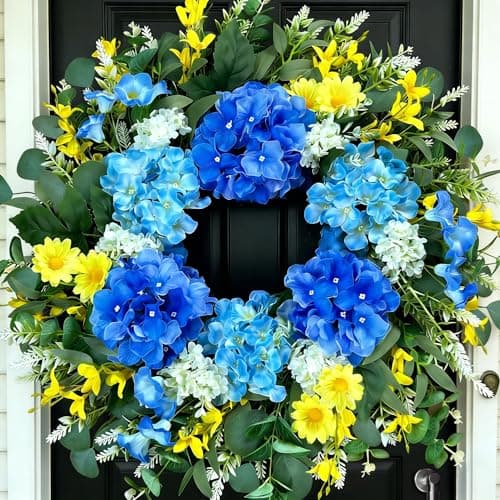 26 Inch Spring Wreaths for Front Door Outside Large Artificial Summer Wreath Silk Hydrangea Wreath with Yellow Daisy and Eucalyptus Leaves Indoor Outdoor Porch Rustic Farmhouse Home Wall Wedding Decor - Image 1