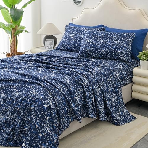 King Size Bed Sheets Set Deep Pockets - 6PC Floral Ultra Soft Microfiber Bed Sheets - Easy to Clean, 90 Thread Count Sheets with Fitted Sheet, Flat Sheet & Pillowcases (Navy/Ditsy Floral) - Image 1