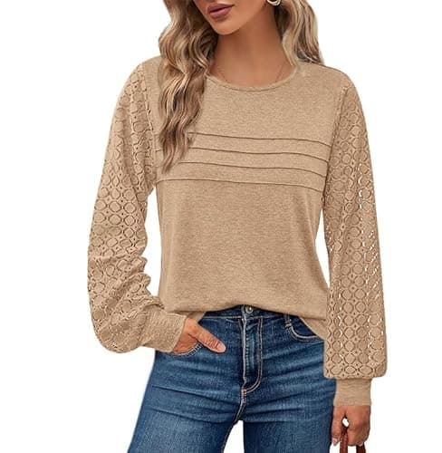 BTFBM Women's Long Sleeve Shirts Dressy Lace Fall Tops 2026 Trendy Business Casual T-Shirts Cute Work Outfits Blouses(Light Khaki, Small) - Image 1