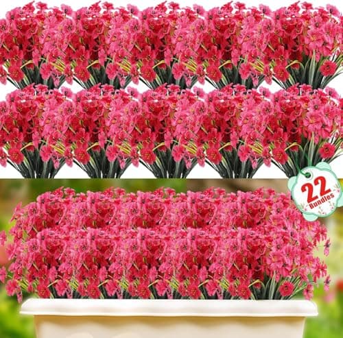 Powbrace 22 Bundles Artificial Flowers Outdoor, Faux Flowers UV Resistant with Plastic Plants, Faux Silk Flowers for Outdoors Outside Front Porch Hanging Planter Window Box Garden Decoration(Rose Red) - Image 1