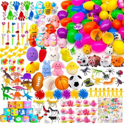 GOAUS Easter Eggs Fillers Eggs Filled for Kids, 220 pcs Small Toys and 100 Eggs Prefilled, Easter Bag Stuffers Prizes for Stuffed Eggs - Image 1