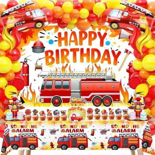Fire Truck Birthday Party Decorations Kit – Fire Truck Balloon, Firefighter Theme Supplies with Backdrop, Table Cover, Cake Toppers, Balloons for Kids & Boys Rescue Party - Image 1