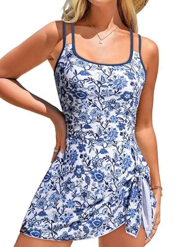 Dokotoo Womens Swimsuits 2026 Adjustable Straps Tie Knot Modest Swim Dress Floral Tummy Control One Piece Bathing Suits Full Coverage Swim Skirt Sky Blue Large - Image 1