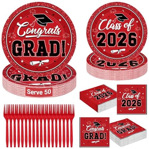 QZYL 200Pcs Graduation Supplies Set 2026, Red Graduation Plates, Napkins, Dessert Plates and Plastic Forks for 50 Guests, Grad Party Disposable Tableware for Wedding, Birthday, Graduation - Image 1