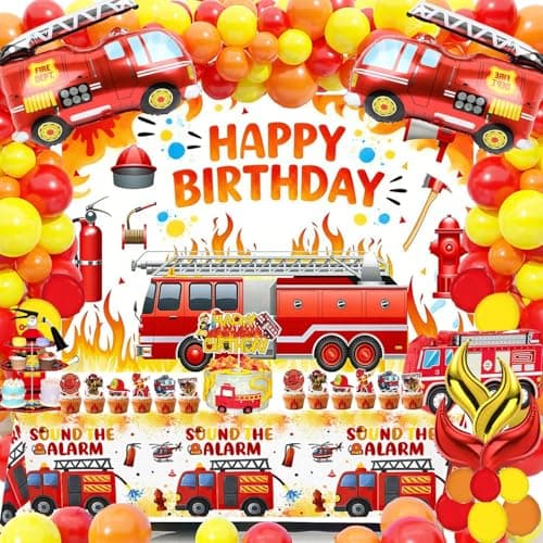 FireTruck Party Supplies Set: Decorations with Fire Truck Happy Birthday Backdrop, Fireman TableCovers, Firefighter Cake Topper, Foil Balloons, Multi-Color Balloons. Perfect for Kids Rescue Party! - Image 1