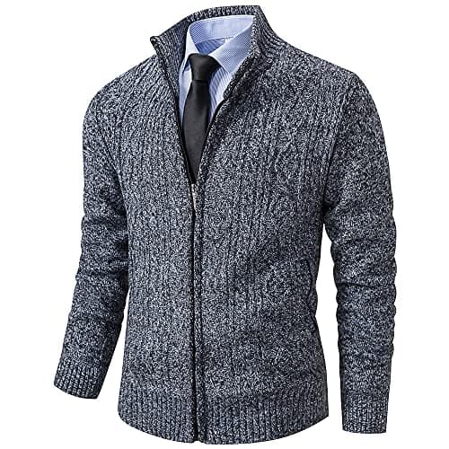 Msmsse Mens Casual Stand Collar Cardigan Zip Up Cable Knitted Sweater with Pockets Dark Grey 2XL - Image 1