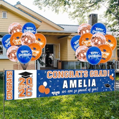 NUTTYBASH Graduation Party Decorations, Personalized Class of 2025 Graduation Banner with 78 Alphabet Stickers and Balloons, Congrats Banner for College High School Party Supplies(Blue Orange) - Image 1