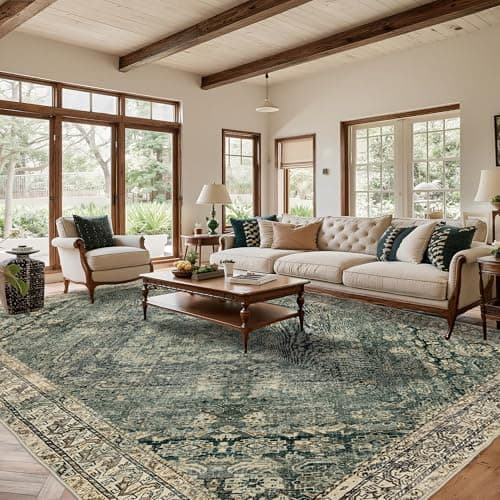 Luxcrest Green and Beige 9x12 Rug: Vintage Washable Rugs for Living Room Bedroom Soft Non Slip - Thin Stain Resistant Carpet for Dining Room Indoor - Image 1