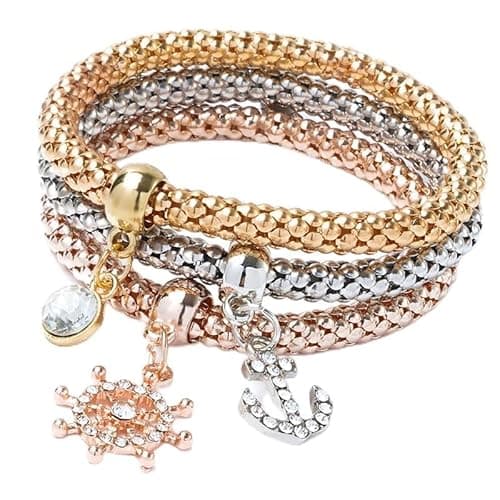 Alegend Three-Color Nautical 14K Bracelet Set - Anchor & Ship Wheel Charms with Crystal Accents - Image 1