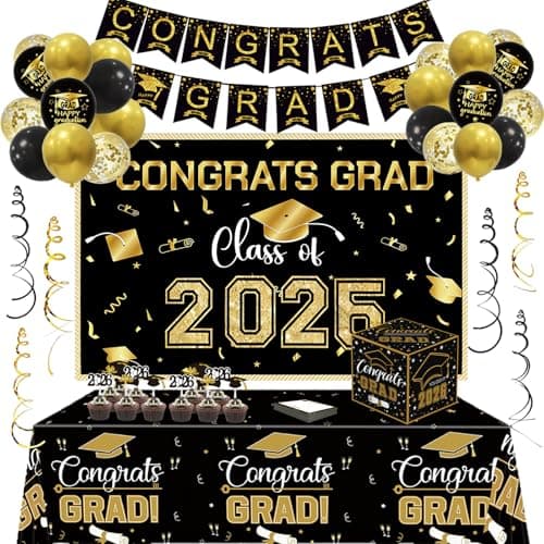 2026 Black Gold Graduation Party Decorations Set - Congrats Grad Backdrop, Banner, Tablecloth, Card Box, 45 Advice Cards & Cupcake Toppers for Class of 2026 Party Supplies - Image 1