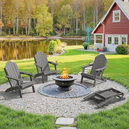 LUE BONA Folding Adirondack Chair, Chairs Set of 4, Cup Holder, Woodgrain, Fire Pit, Patio, Pool, Dark Grey - Image 1