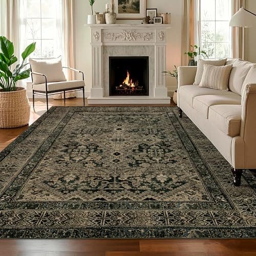 Boho Washable Rug for Living Room: Vintage 8x10 Area Rugs for Bedroom Soft Non Slip - Thin Stain Resistant Carpet for Dining Room Indoor - Dark Green - Image 1
