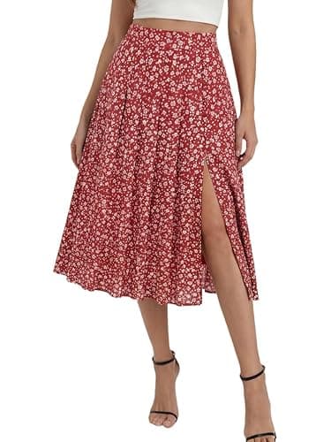Belle Poque Women's Floral Midi Skirts with Slit High Waist Pleated Skirts Flowy A-Line Skirts with Pockets Spring Summer 2026 Red S - Image 1