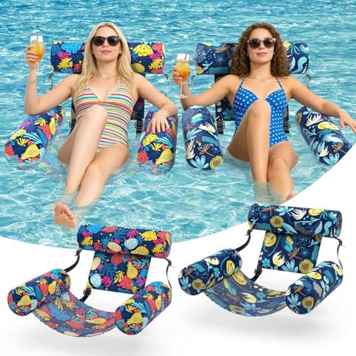 Sunikko X Pool Floats Adult 2 Packs Fabric Heavy Duty Inflatable Pool Chair Hammock, Blow Up Floaties for Adults, Hawaii Flower Floats for Pool Floating, Party Summer Toys Water Beach Lake Fun - Image 1