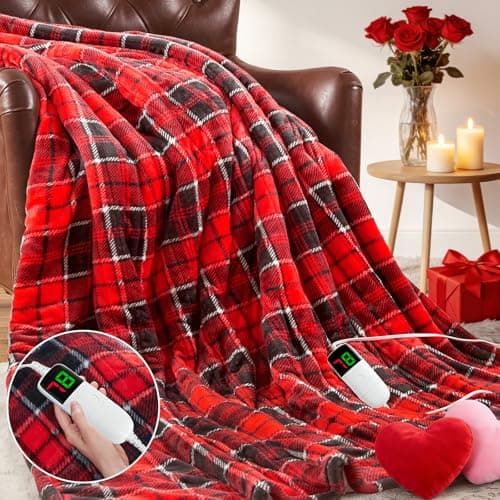 Heated Electric Blanket Twin Size,62X84 Heating Blanket,Red Plaid Soft Sherpa Blankets Warmer Gift for Grandma Women Adult,Fast Heating Washable - Image 1